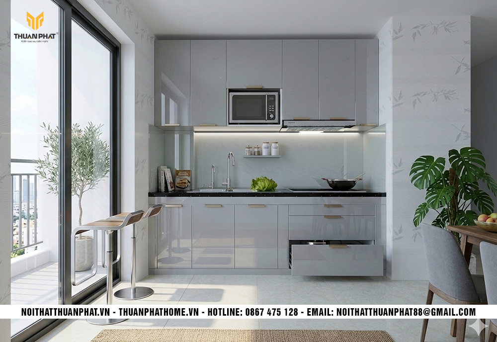 Mẫu tủ bếp inox cánh kính chữ I hiện đại