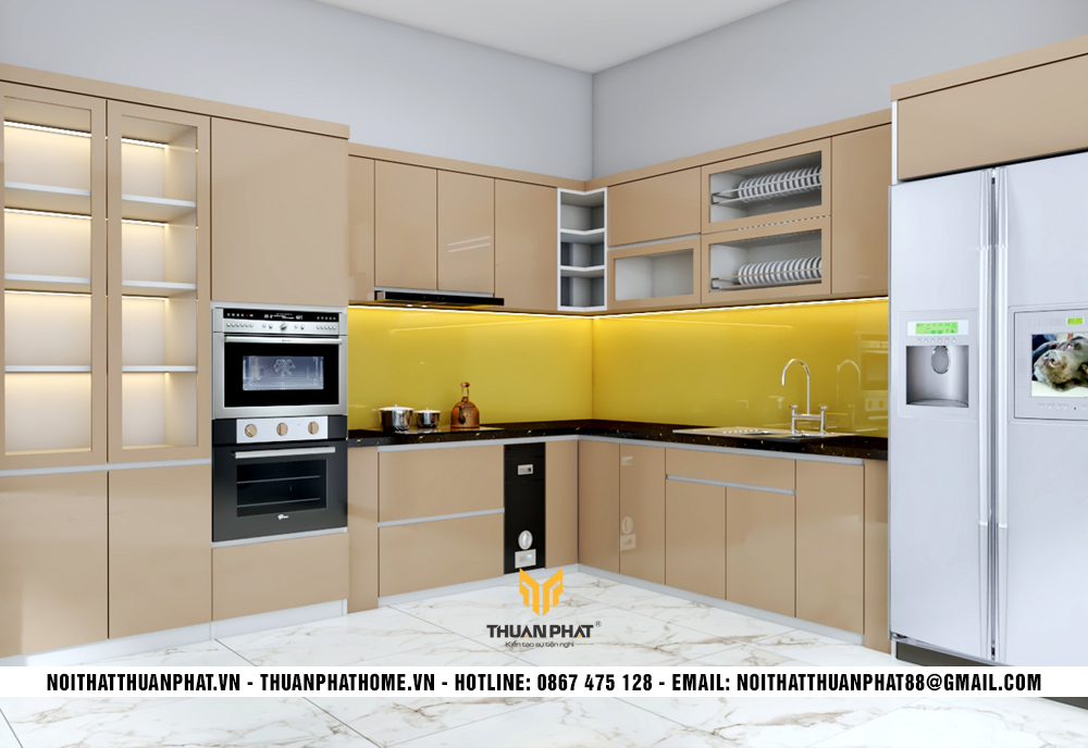 Mẫu tủ bếp gỗ công nghiệp MDF cánh Acrylic hiện đại cho chung cư