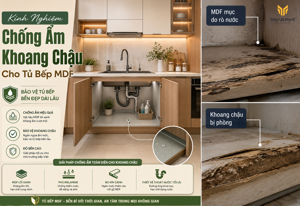 Khoang chậu tủ bếp MDF được xử lý chống ẩm và kiểm tra xiphong