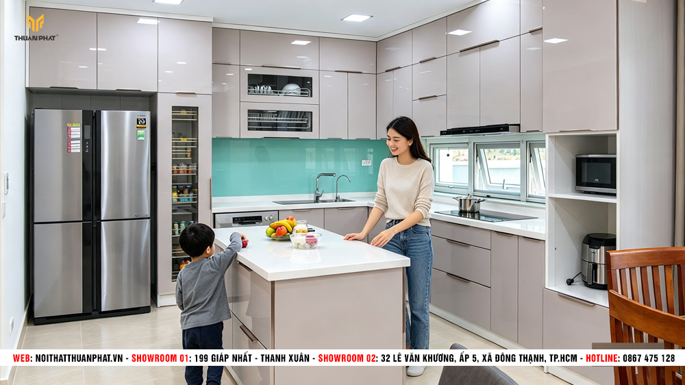 Mẫu tủ bếp inox cánh acrylic thực tế