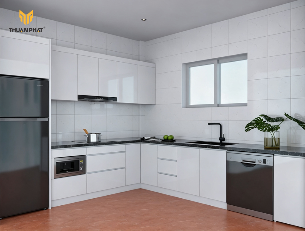 Tủ bếp nhựa cánh Acrylic bóng gương cho căn bếp hiện đại