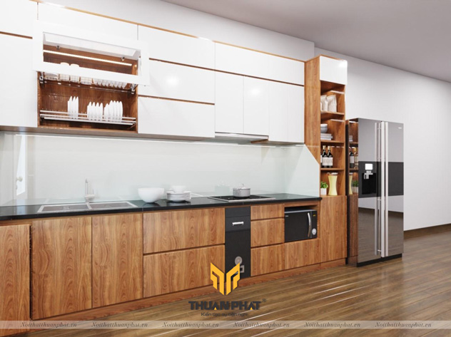  Tủ bếp cốt nhựa cánh Acrylic vân gỗ phối trắng sứ