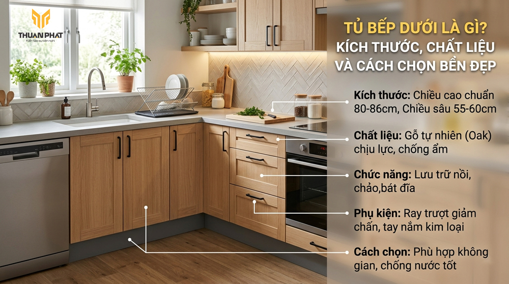 Tủ bếp dưới là phần tủ nằm phía dưới mặt bàn bếp