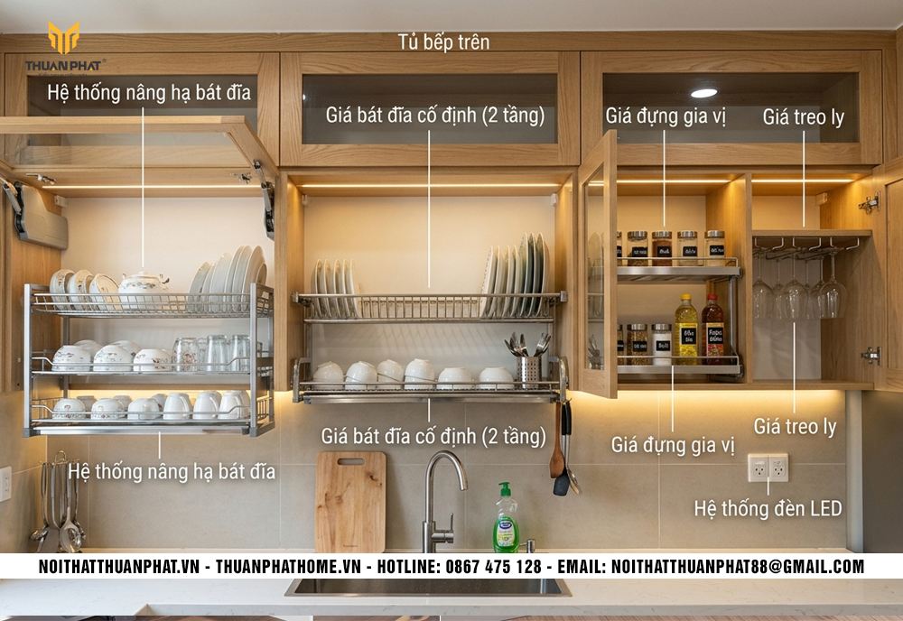 Phụ kiện tủ bếp trên gồm giá bát nâng hạ, tay nâng và bản lề giảm chấn