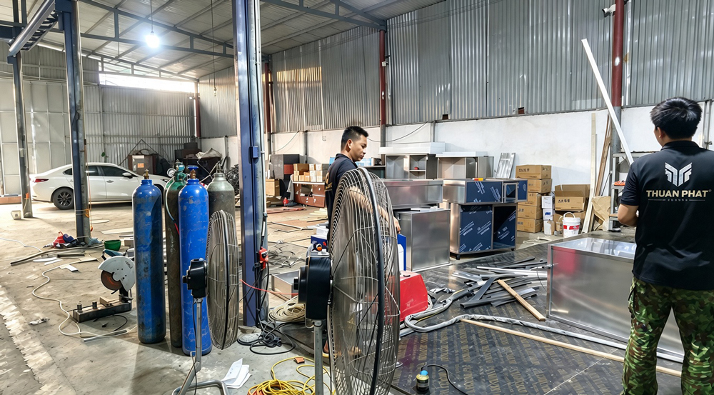 Nhân sự Thuận Phát bên các bộ thùng inox đang gia công tại xưởng
